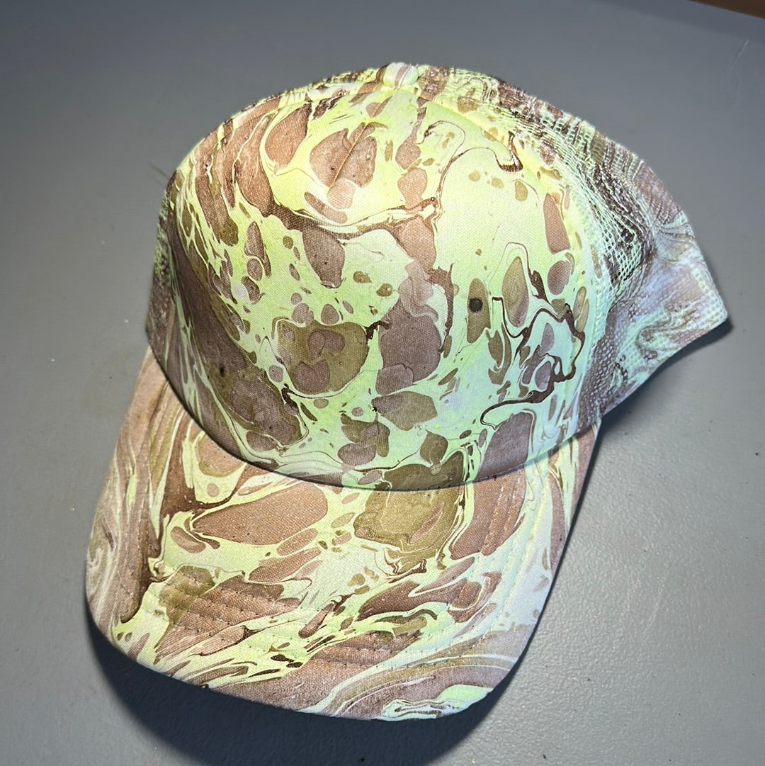 Water Marbled Truckers Hat! Tan, Olive & Lime