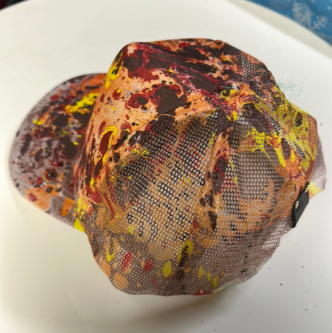 Water Marbled Truckers Hat! Brown, Yellow, Orange & Red