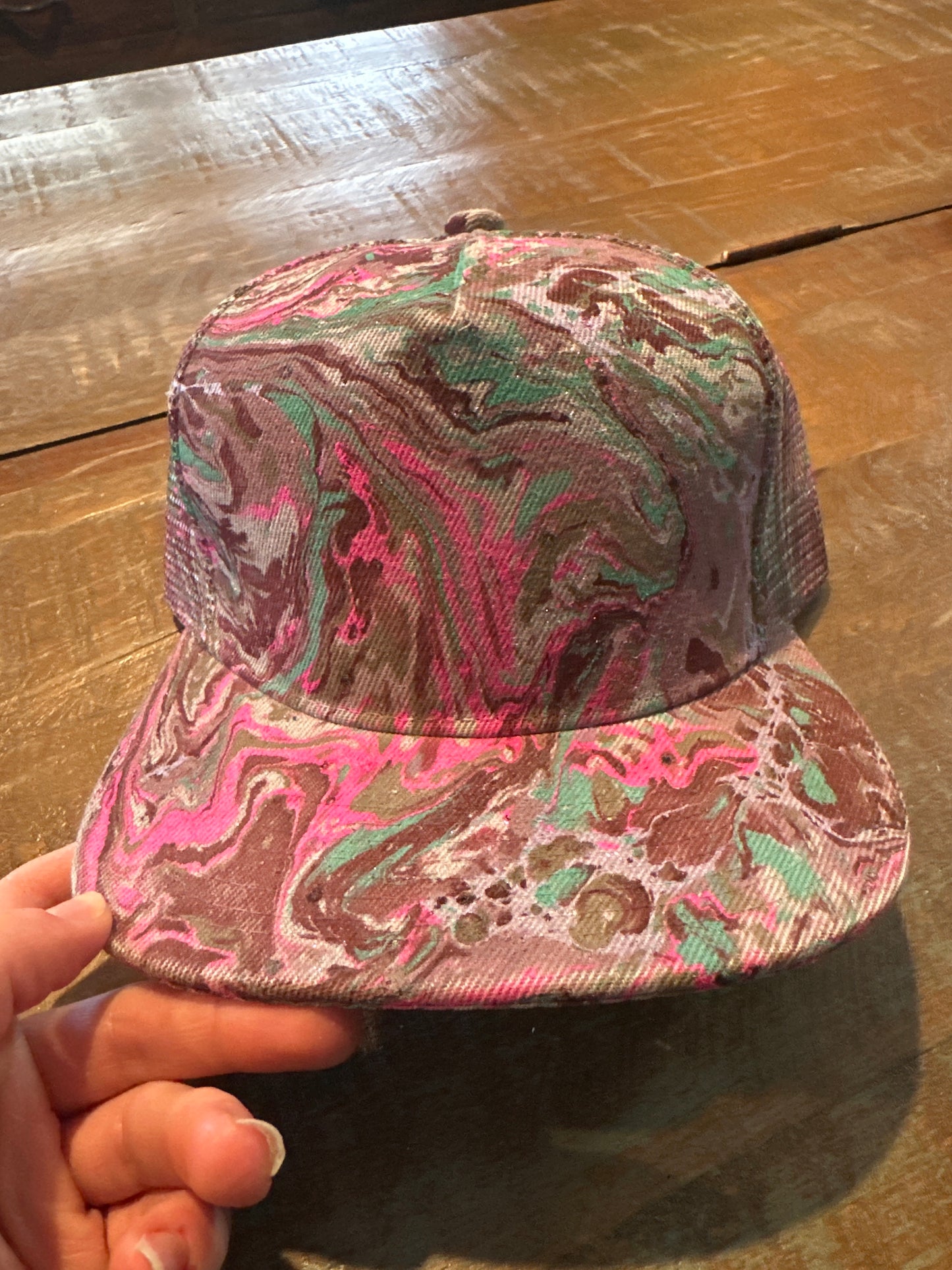 Water Marbled Flat Brim Hat! Pinks, Aqua & Gray!