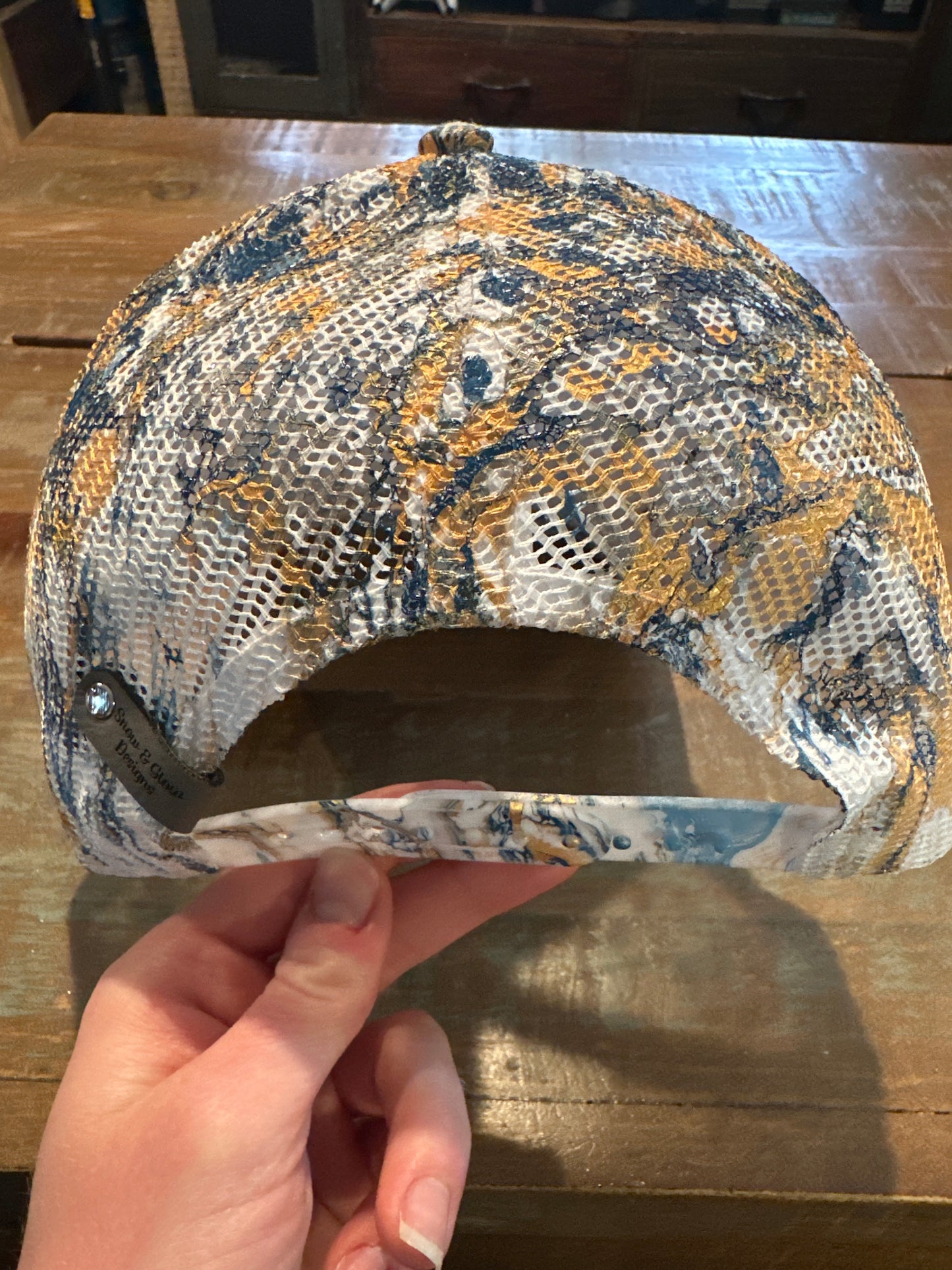 Water Marbled Truckers Hat! Navy, Gold & Silver!