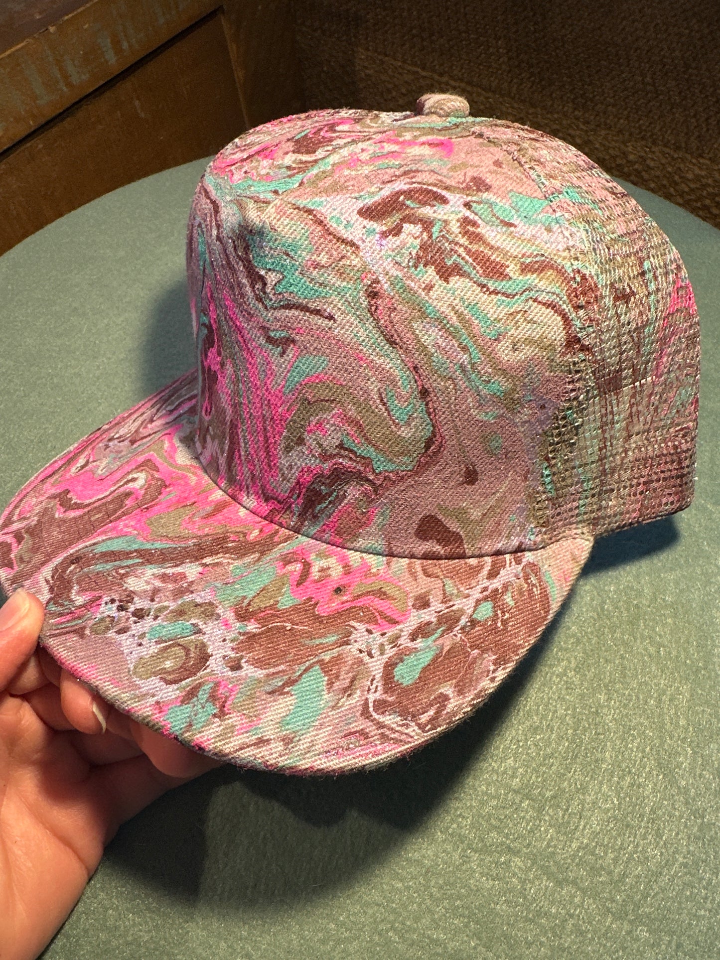Water Marbled Flat Brim Hat! Pinks, Aqua & Gray!