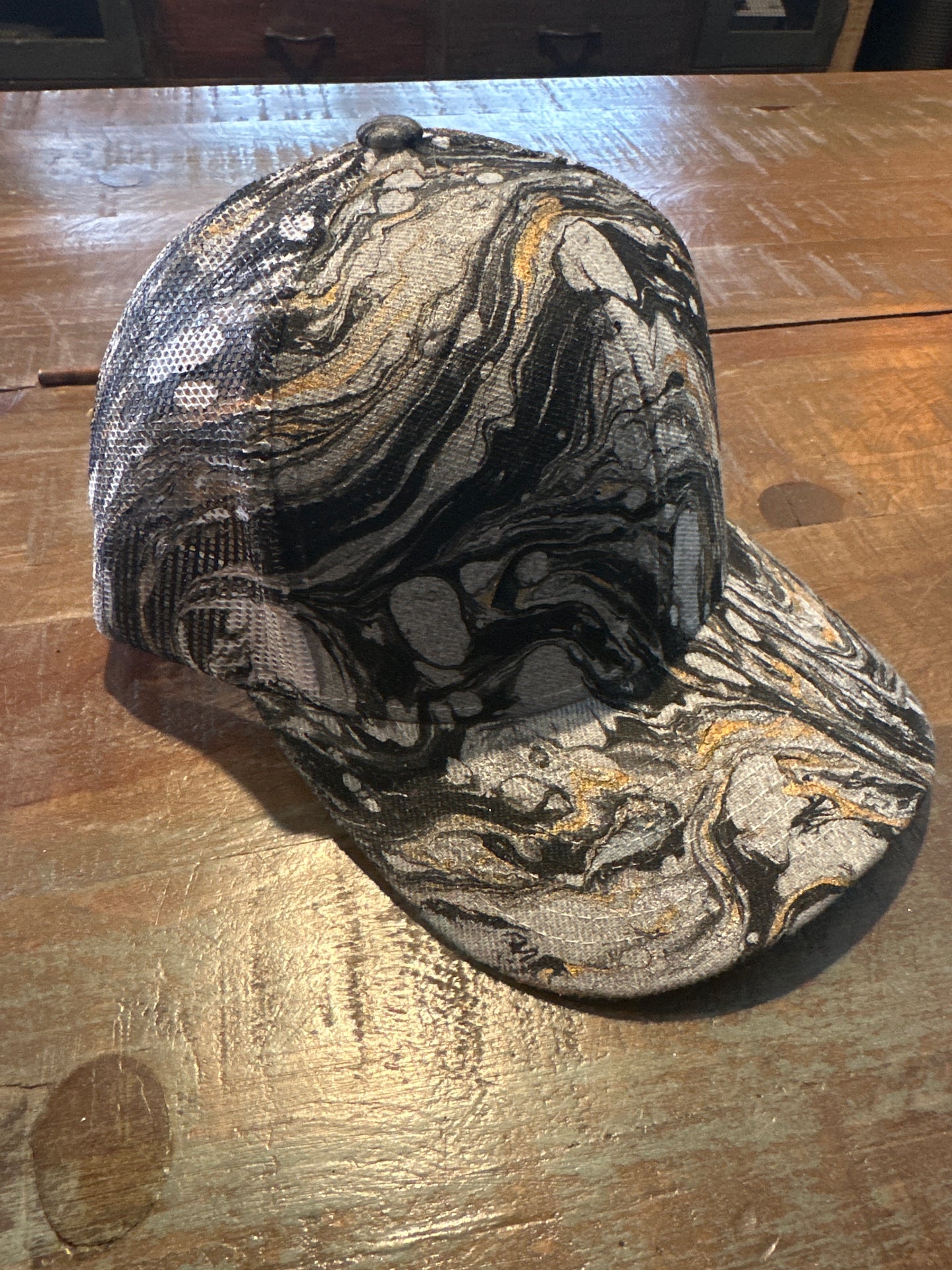 Water Marbled Truckers Hat! Gray, Gold, Black & Charcoal