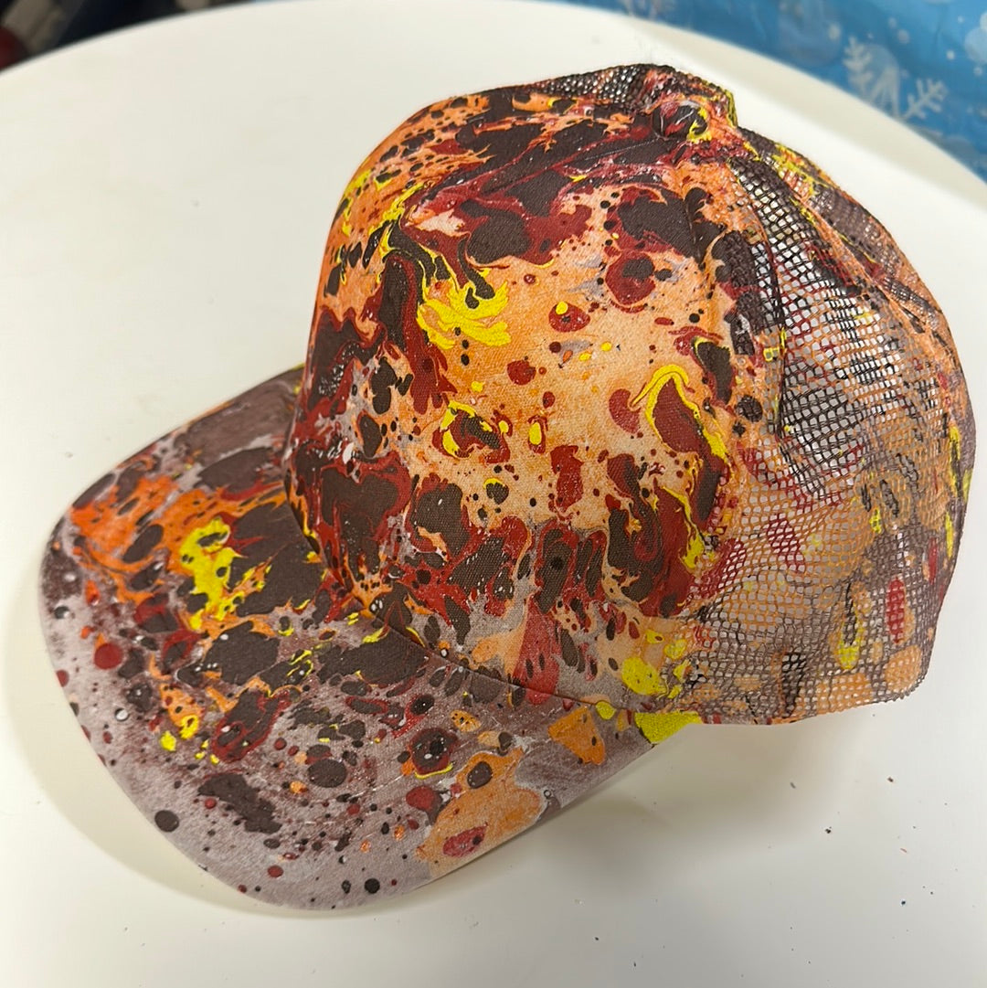 Water Marbled Truckers Hat! Brown, Yellow, Orange & Red
