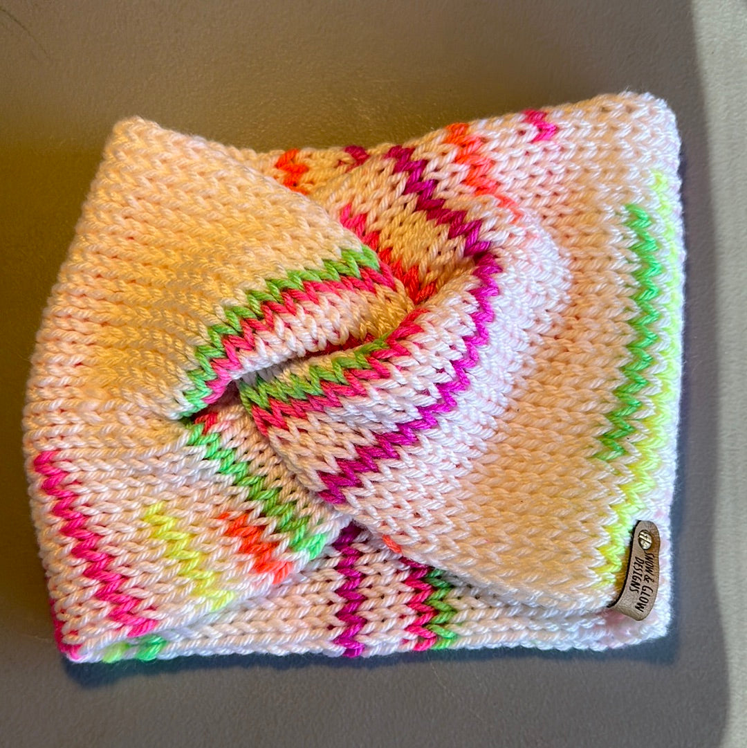 Handmade Headwarmer! White & Neon Color Pattern!