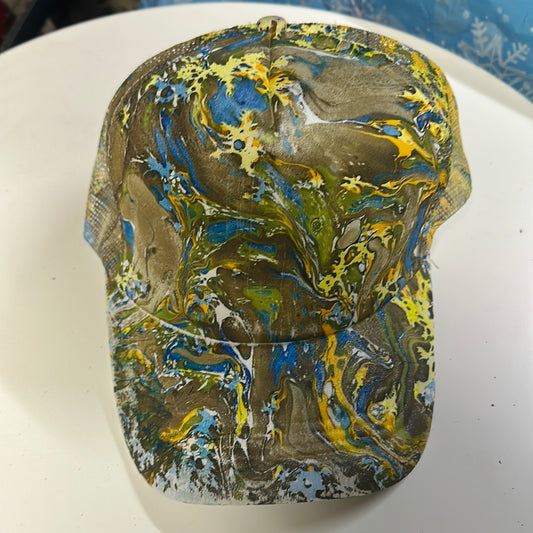 Water Marbled Truckers Hat! Brown, Yellow, Green & Blue