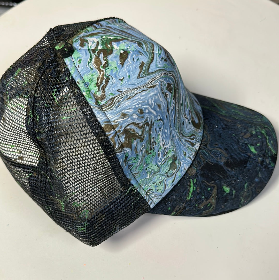 Water Marbled Truckers Hat! Blue, Brown & Green