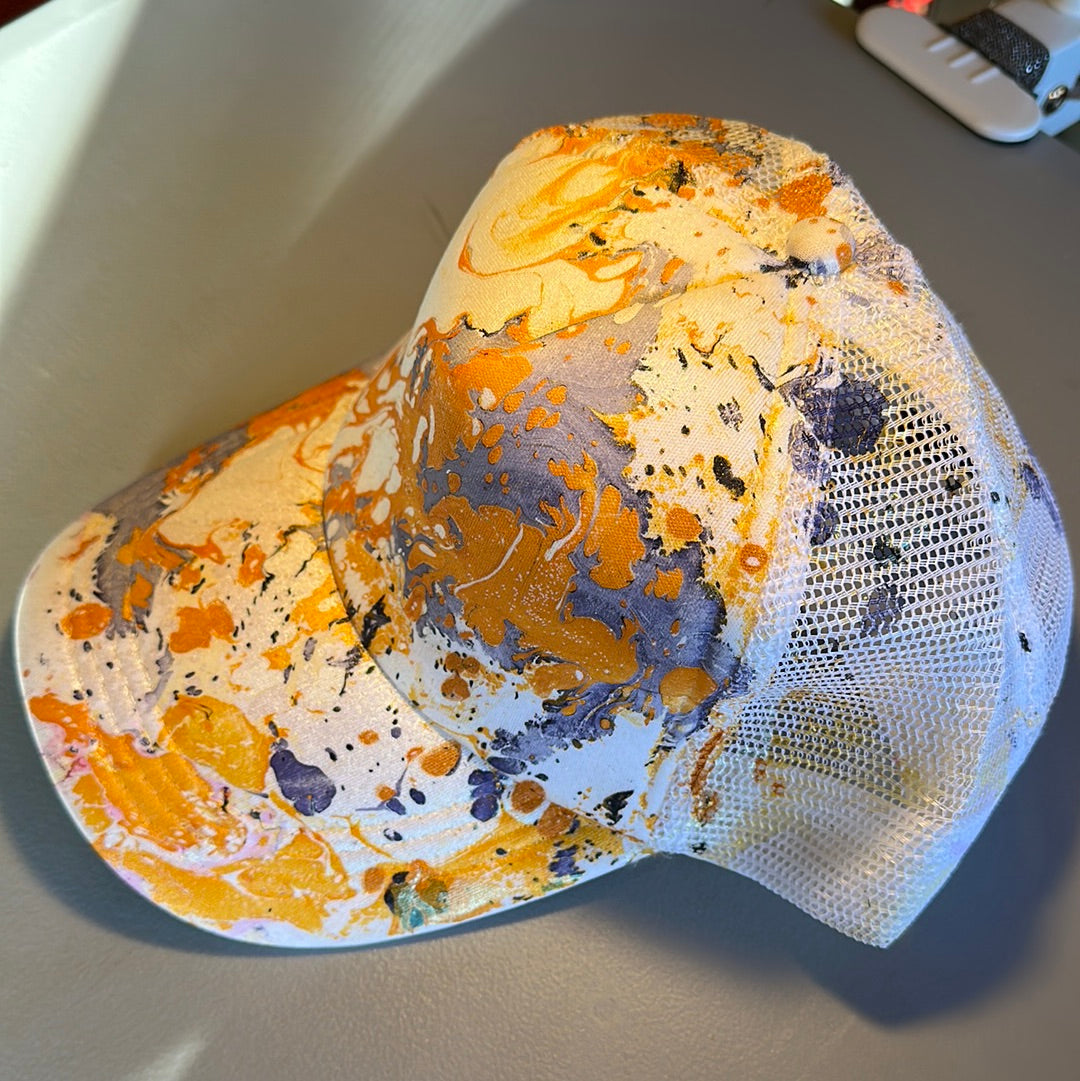 Water Marbled Truckers Hat! White, Orange, & Purple!