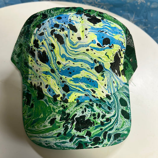 Water Marbled Truckers Hat! Greens, Blue & Black