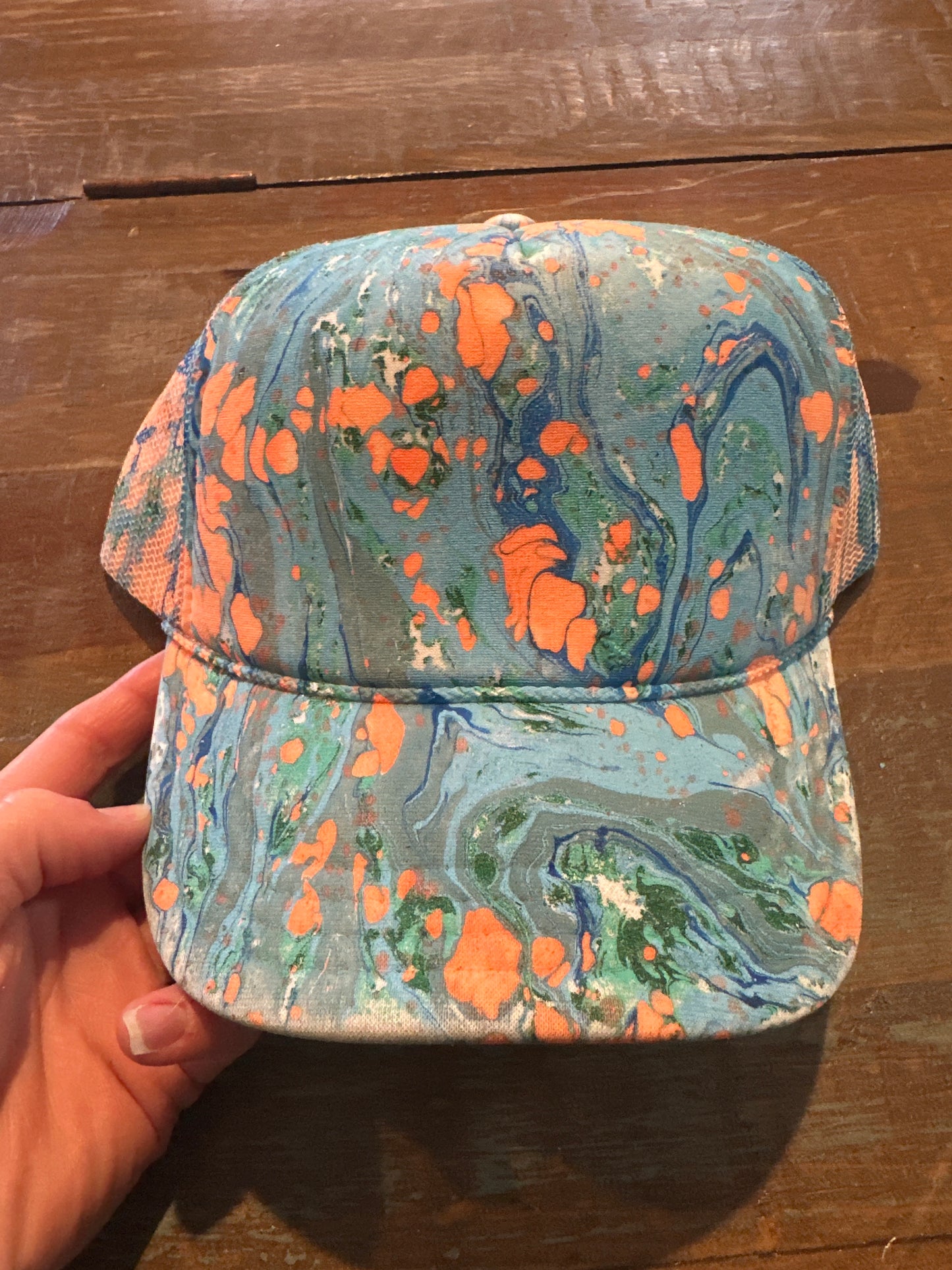 Kids Water Marbled Truckers Hat! Blues, Teal & Neon Orange!