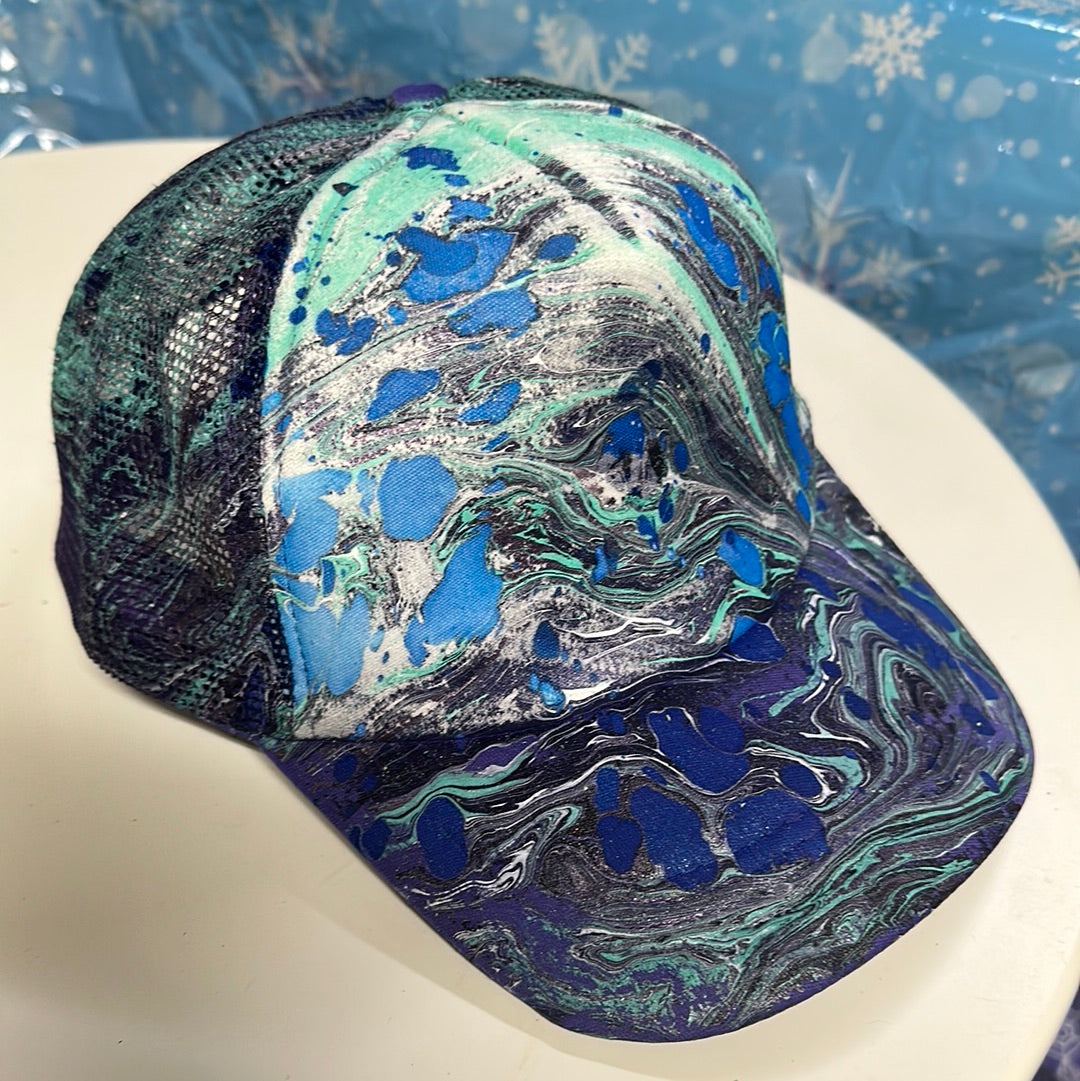 Water Marbled Truckers Hat! Purple, Blues & Teal