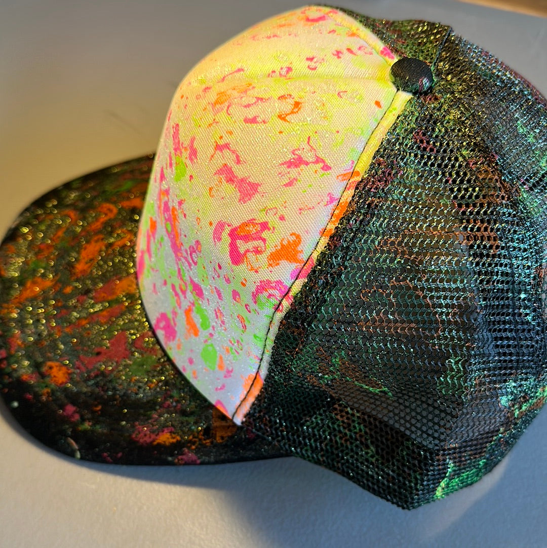 Water Marbled Truckers Hat! Neon Pink, Orange, Green & Iridescent Glitter!