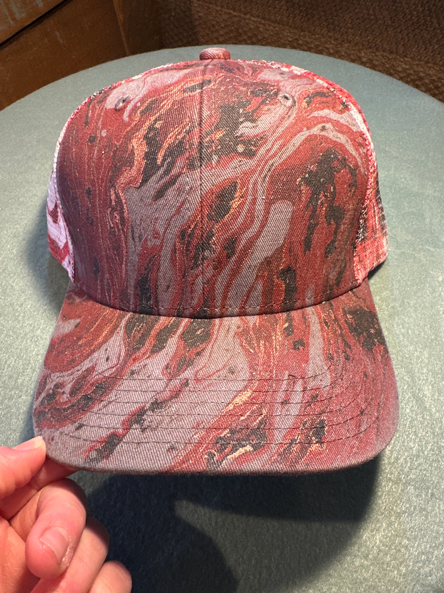 Water Marbled Truckers Hat! Red, Black & Gray