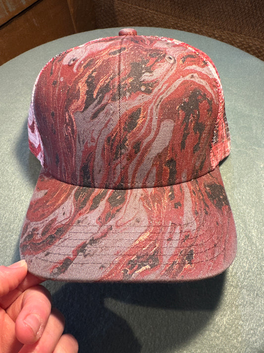 Water Marbled Truckers Hat! Red, Black & Gray