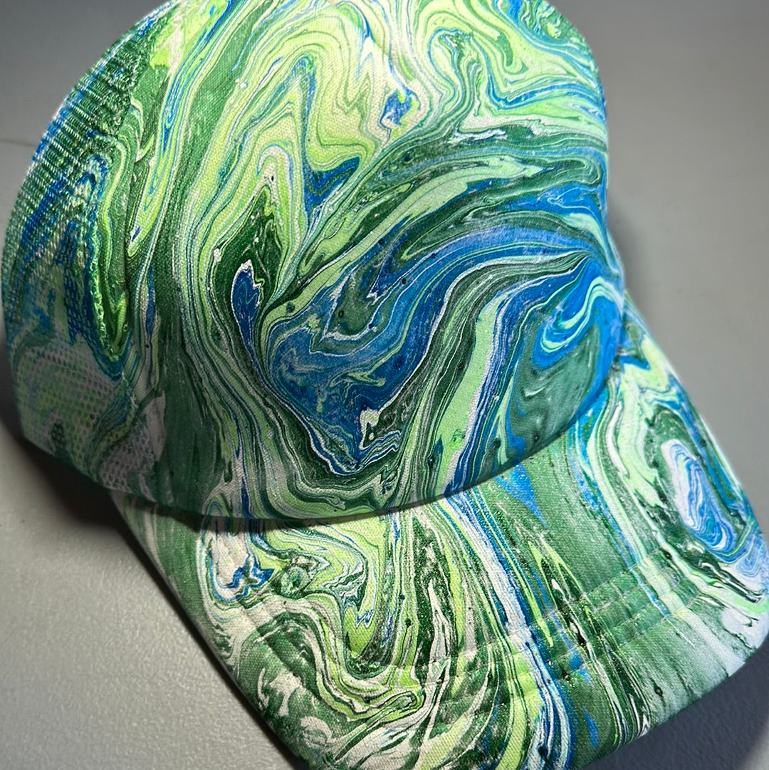 Water Marbled Truckers Hat! Blues & Greens!