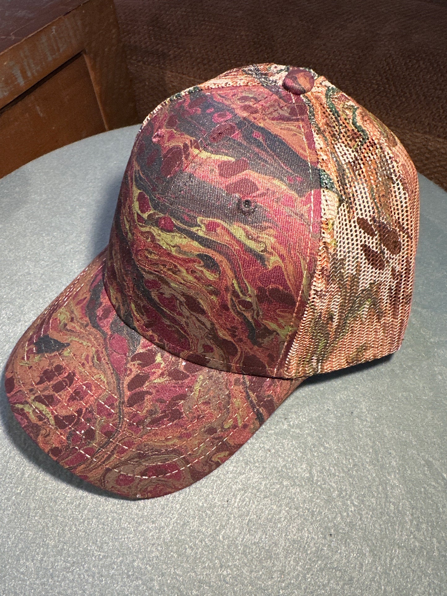Water Marbled Truckers Hat! Camo! Dark Greens & Browns!