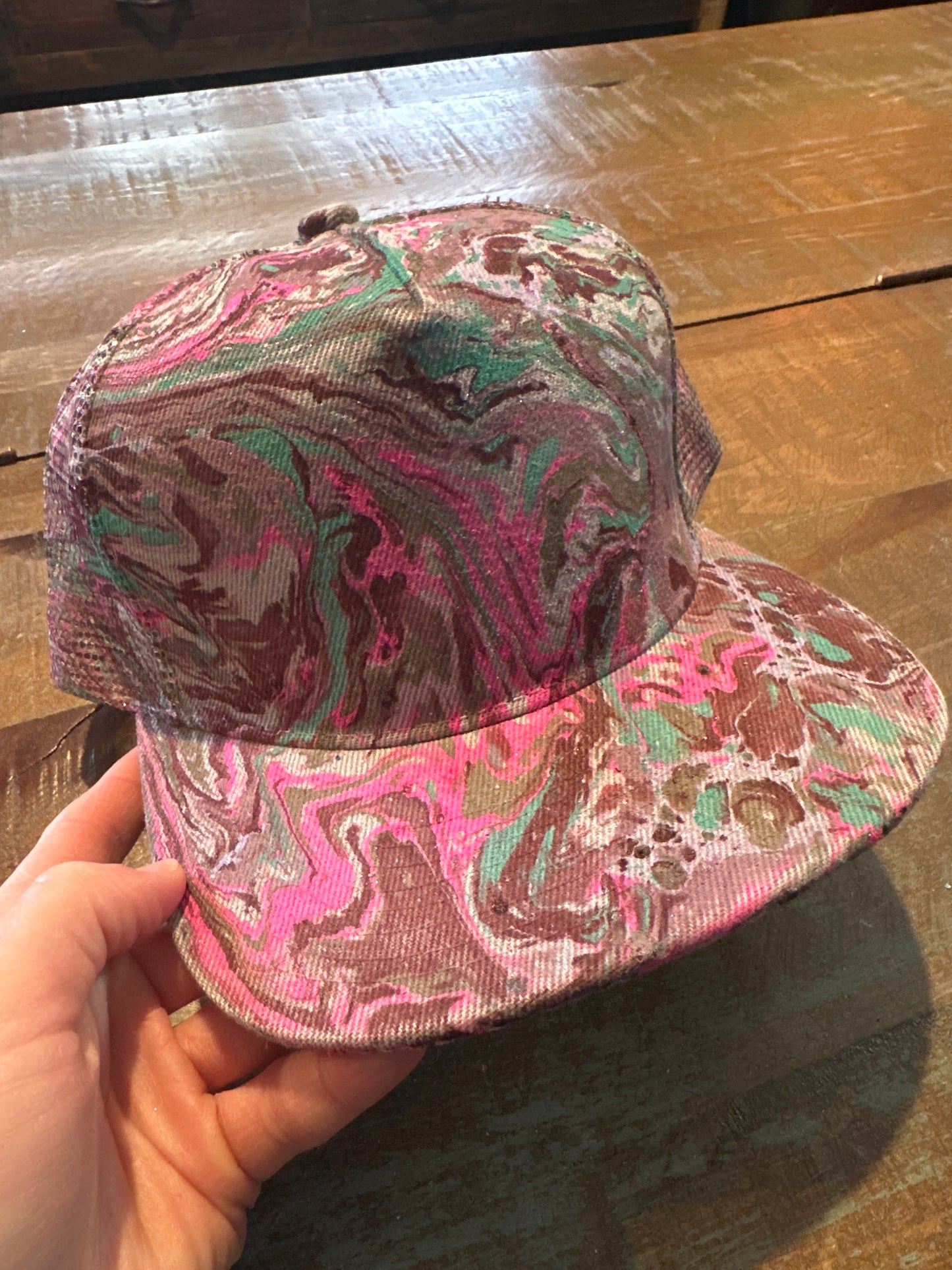 Water Marbled Flat Brim Hat! Pinks, Aqua & Gray!