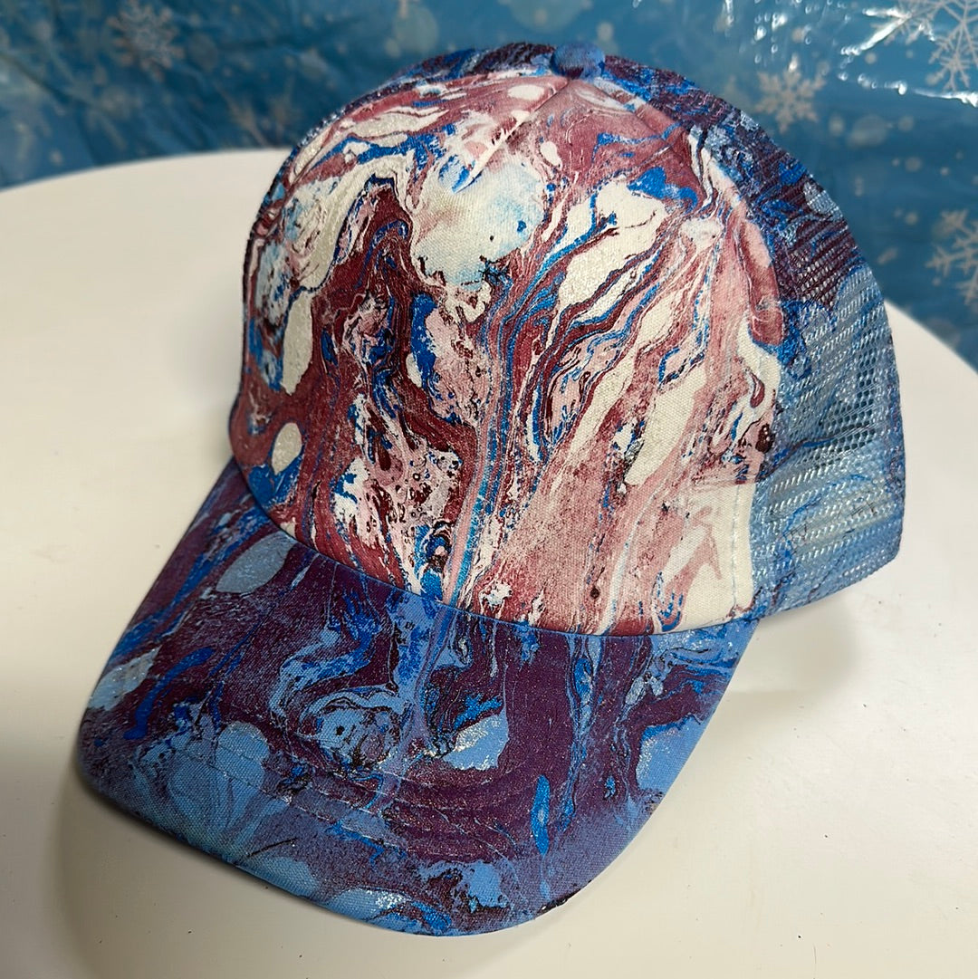 Water Marbled Truckers Hat! Blue & Maroon