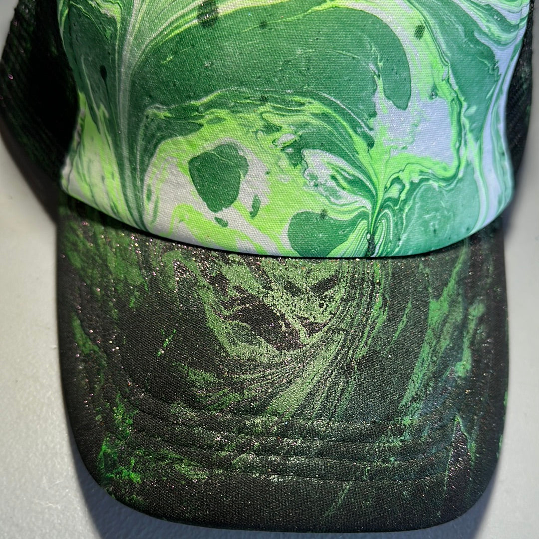 Water Marbled Truckers Hat! Greens & Iridescent Glitter!