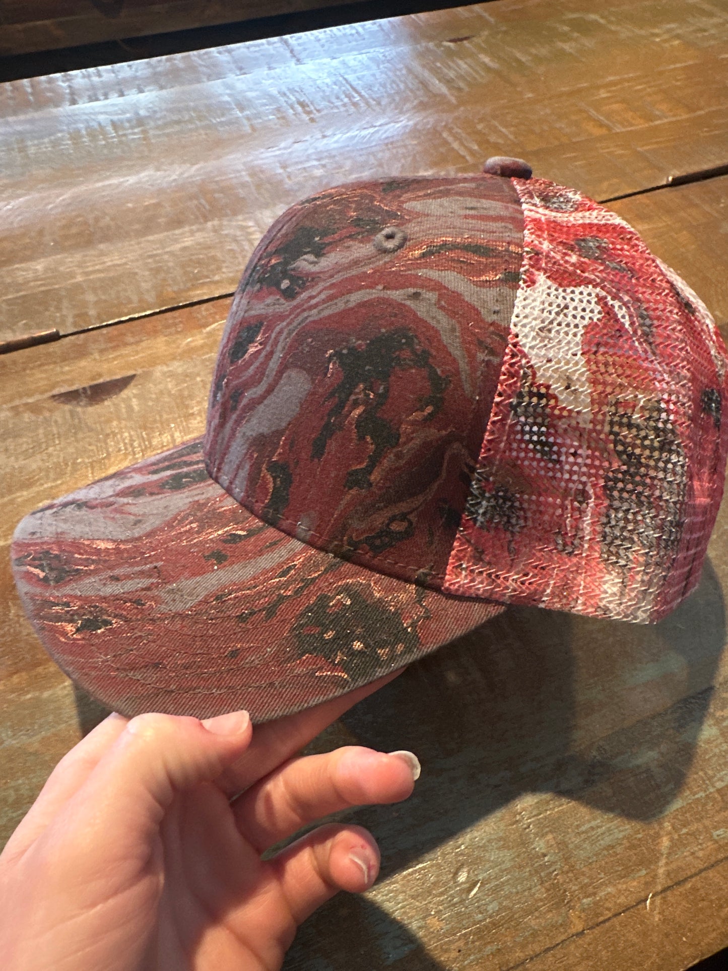Water Marbled Truckers Hat! Red, Black & Gray