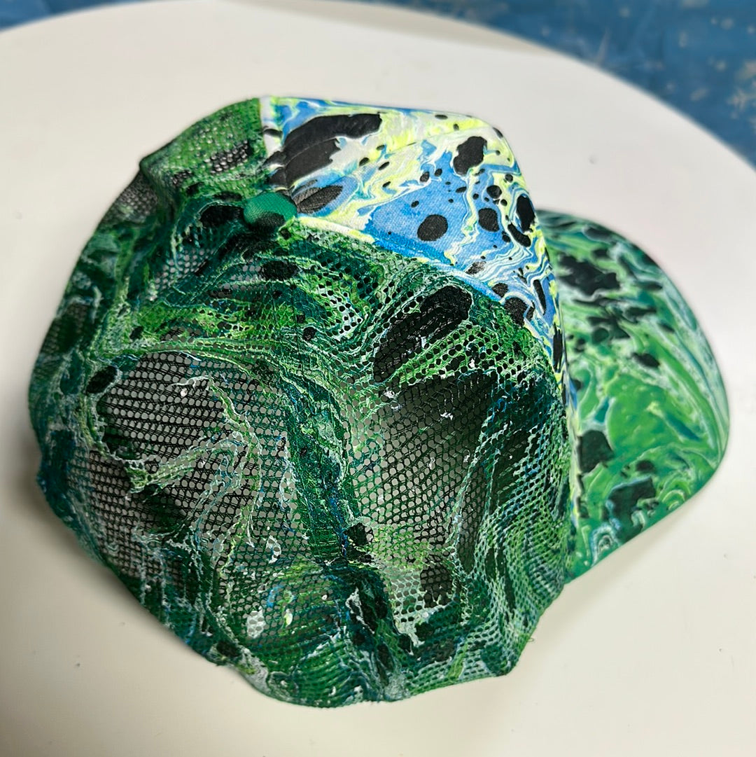 Water Marbled Truckers Hat! Greens, Blue & Black