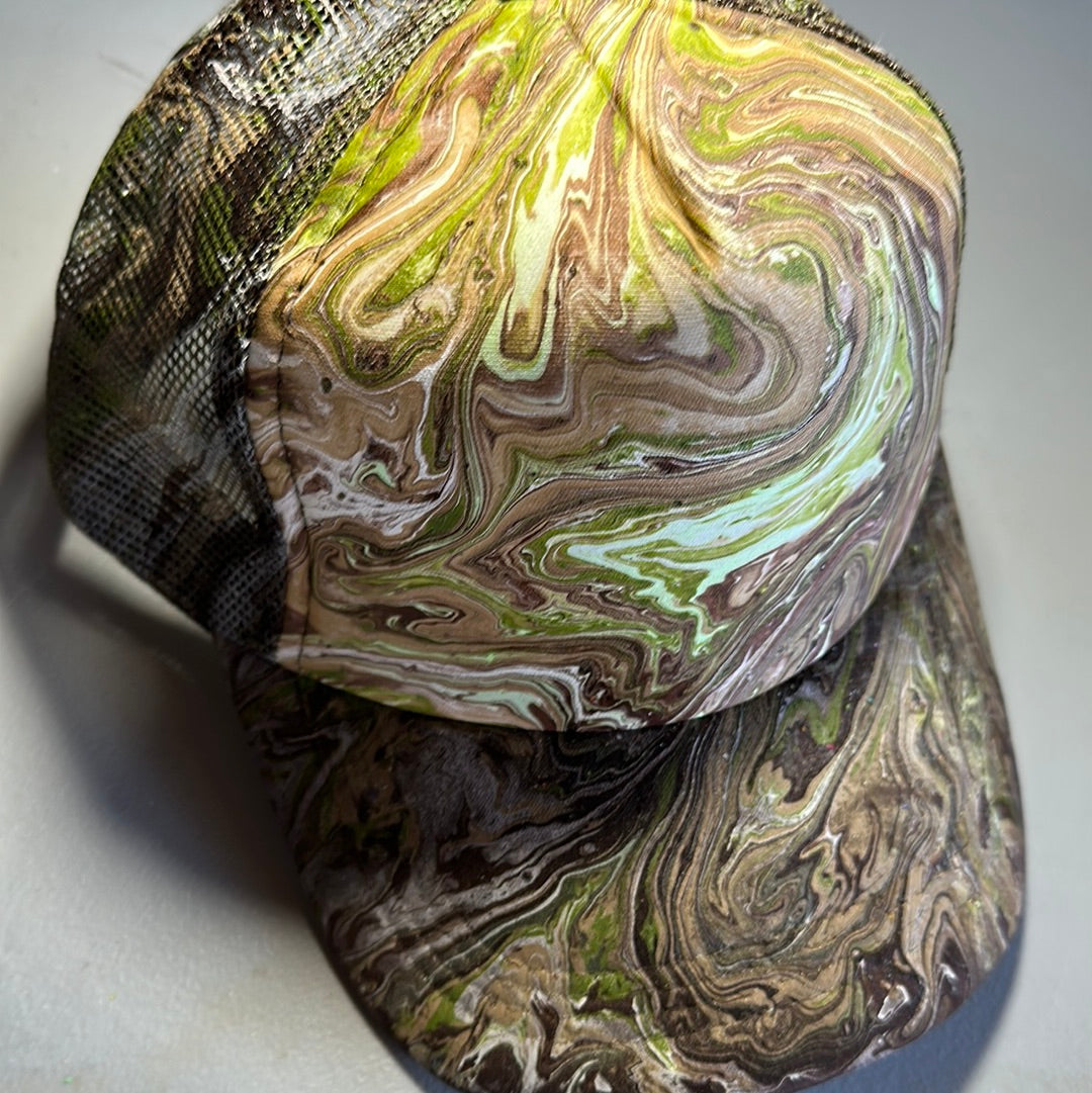 Water Marbled Truckers Hat! Browns, Greens & Black!