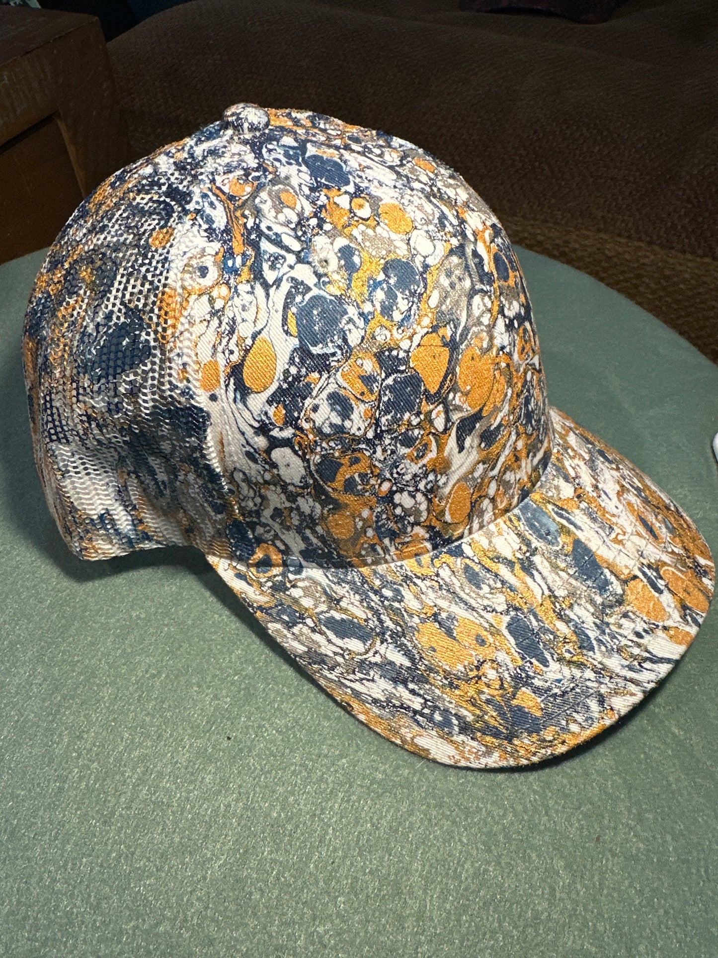 Water Marbled Truckers Hat! Navy, Gold & Silver!