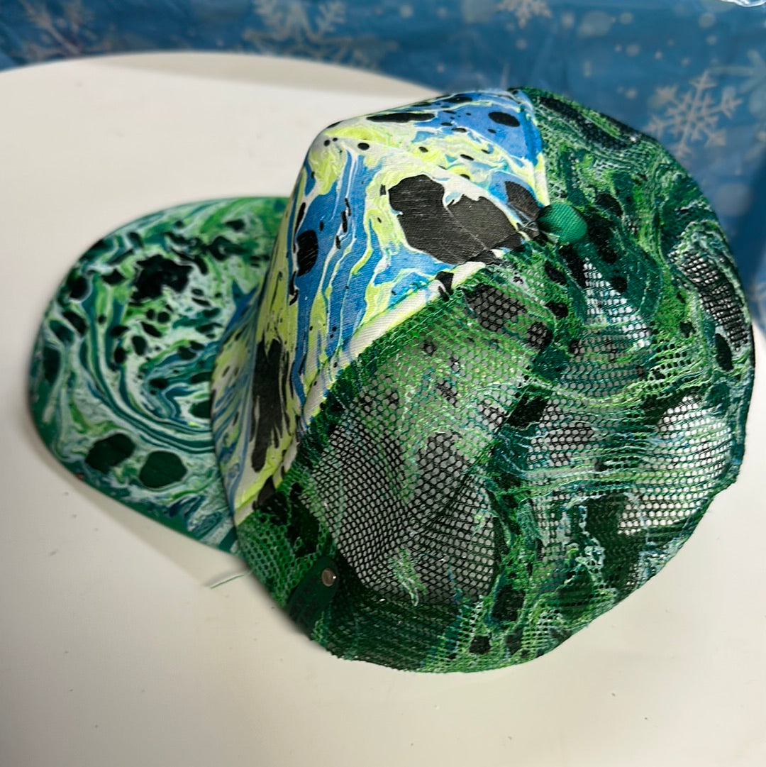 Water Marbled Truckers Hat! Greens, Blue & Black