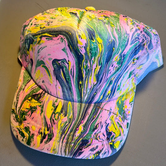 Water Marbled Truckers Hat! Pink, Navy, Green & Yellow!