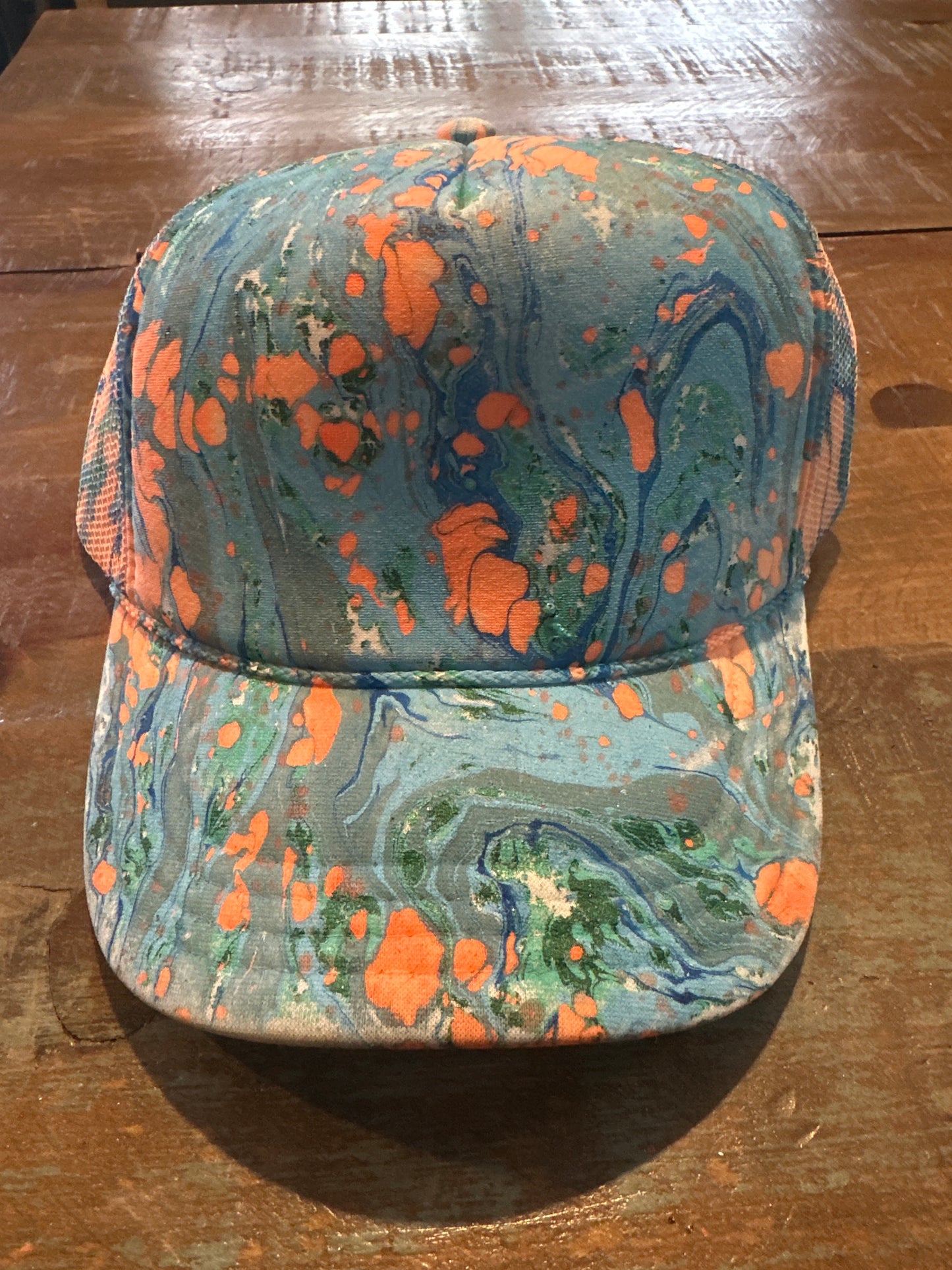 Kids Water Marbled Truckers Hat! Blues, Teal & Neon Orange!