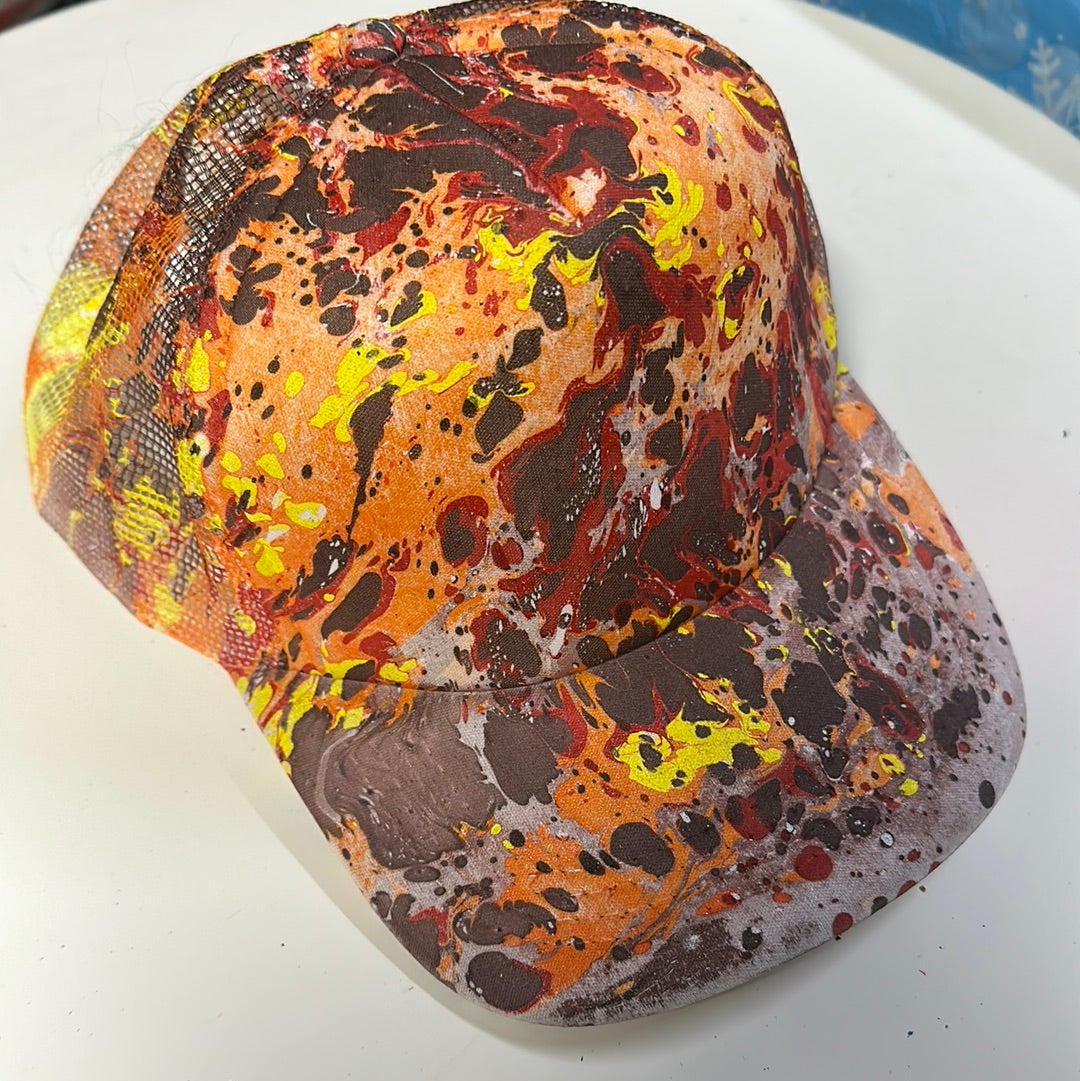 Water Marbled Truckers Hat! Brown, Yellow, Orange & Red