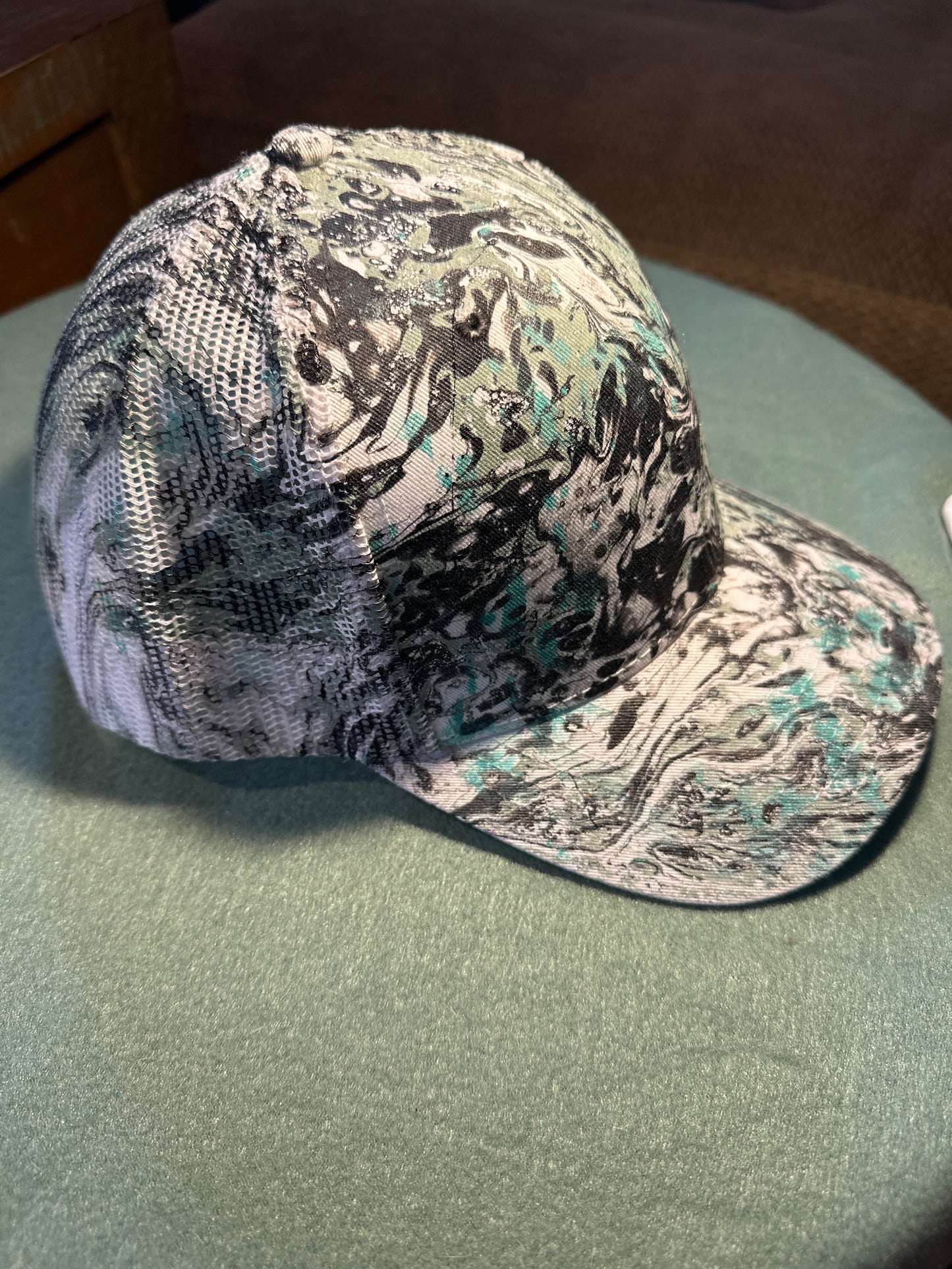 Water Marbled Truckers Hat! Light Green, Aqua, Black & Gray