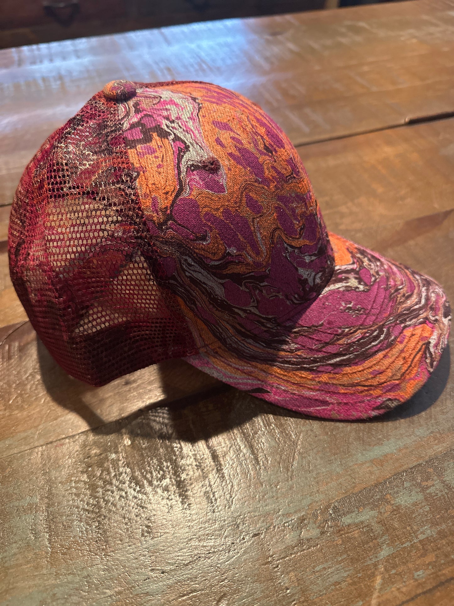 Water Marbled Baseball Hat! Magenta, Neon Orange, Gold & Maroon!