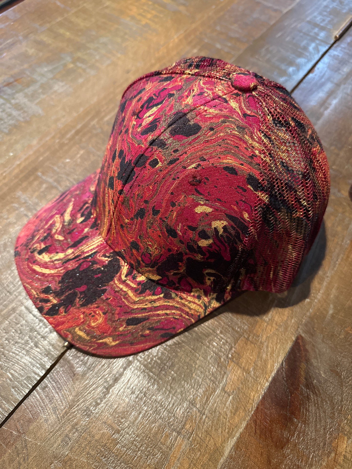 Water Marbled Baseball Hat! Red, Gold, Black & Brown!