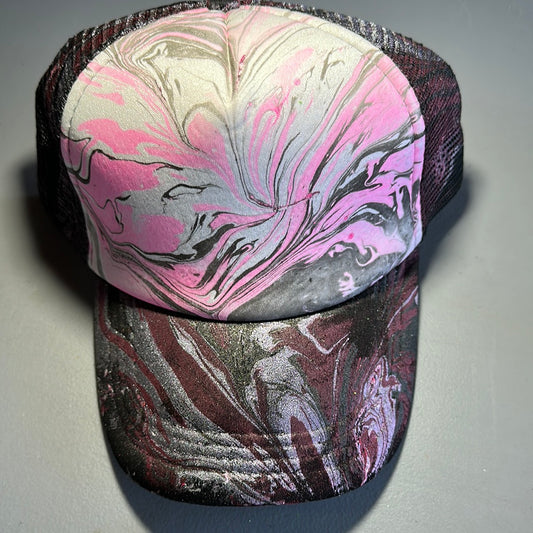 Water Marbled Truckers Hat! Hot Pink, White & Black