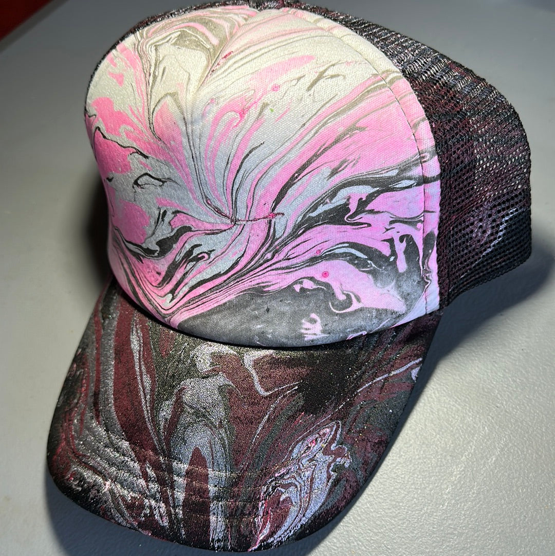 Water Marbled Truckers Hat! Hot Pink, White & Black