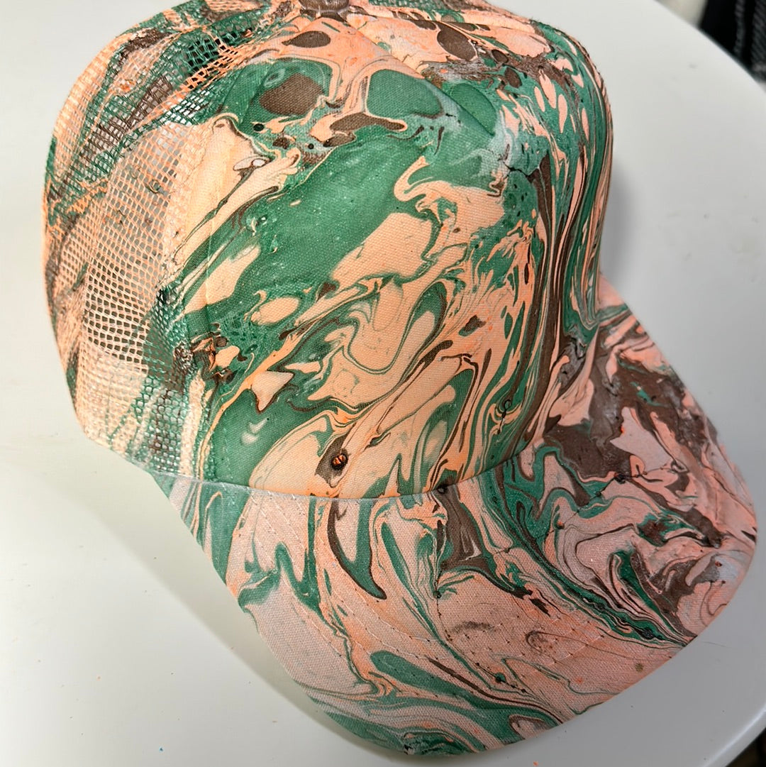 Water Marbled Truckers Hat! Green, Orange & Brown