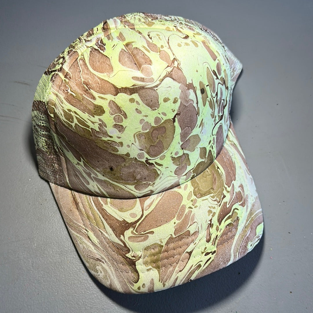 Water Marbled Truckers Hat! Tan, Olive & Lime