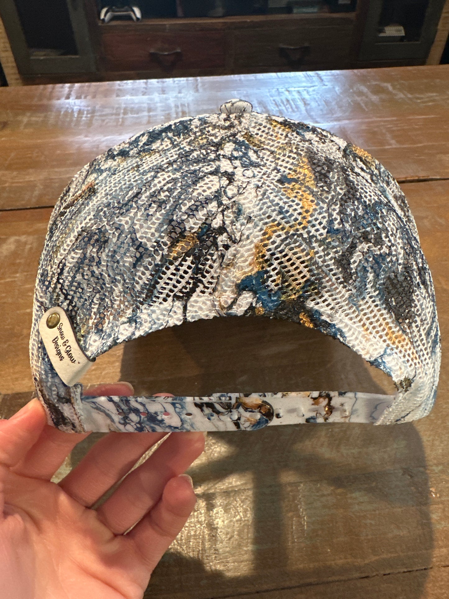 Water Marbled Truckers Hat! Navy, Gold & Black!