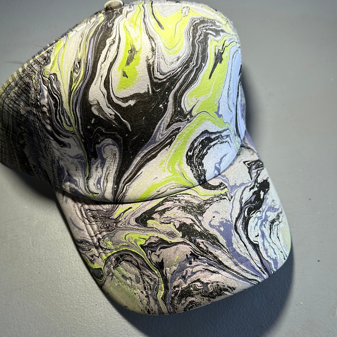 Water Marbled Truckers Hat! Purple, Lime, Gray & Black