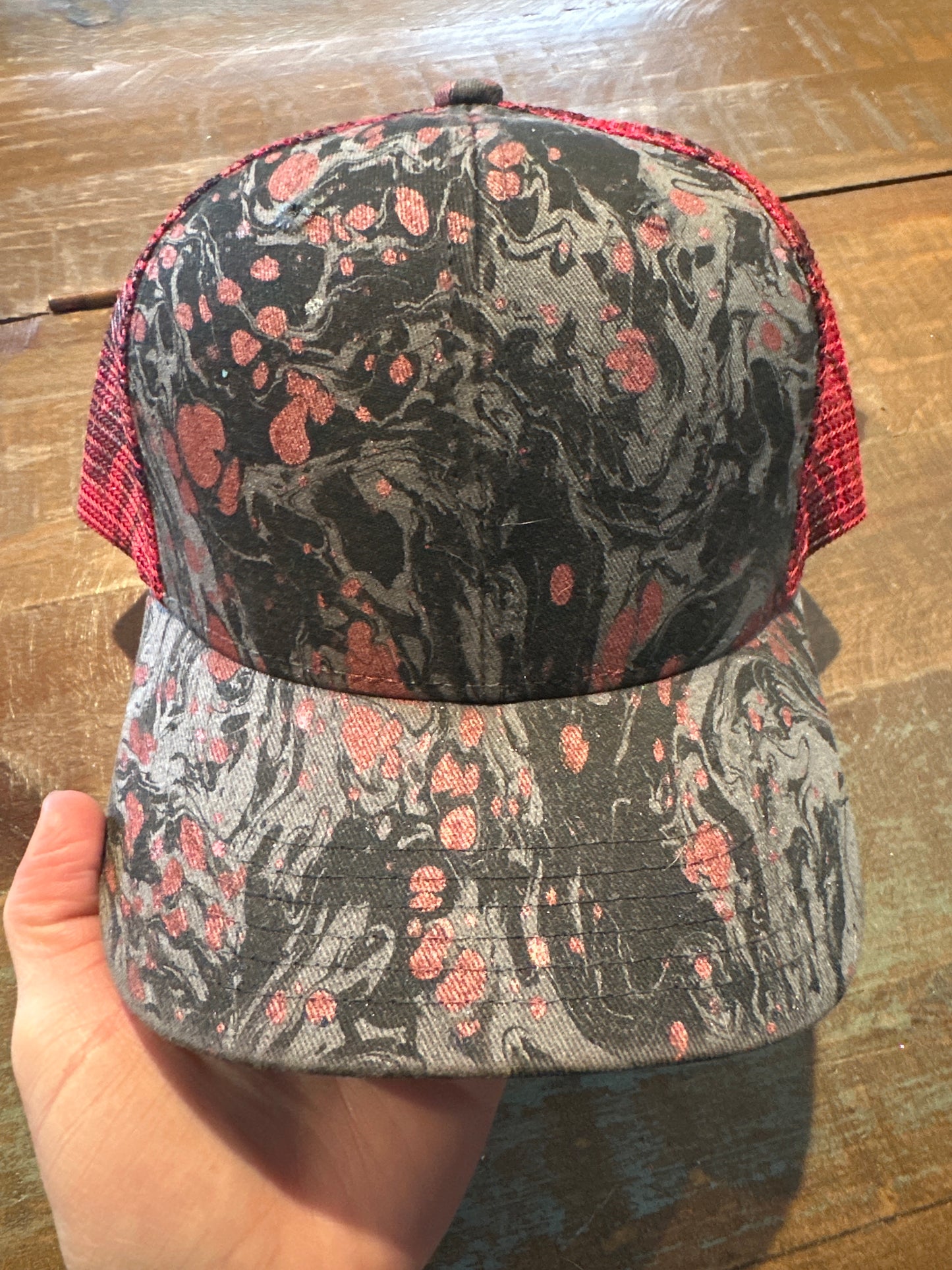 Water Marbled Truckers Hat! Metallic Red, Black & Charcoal!