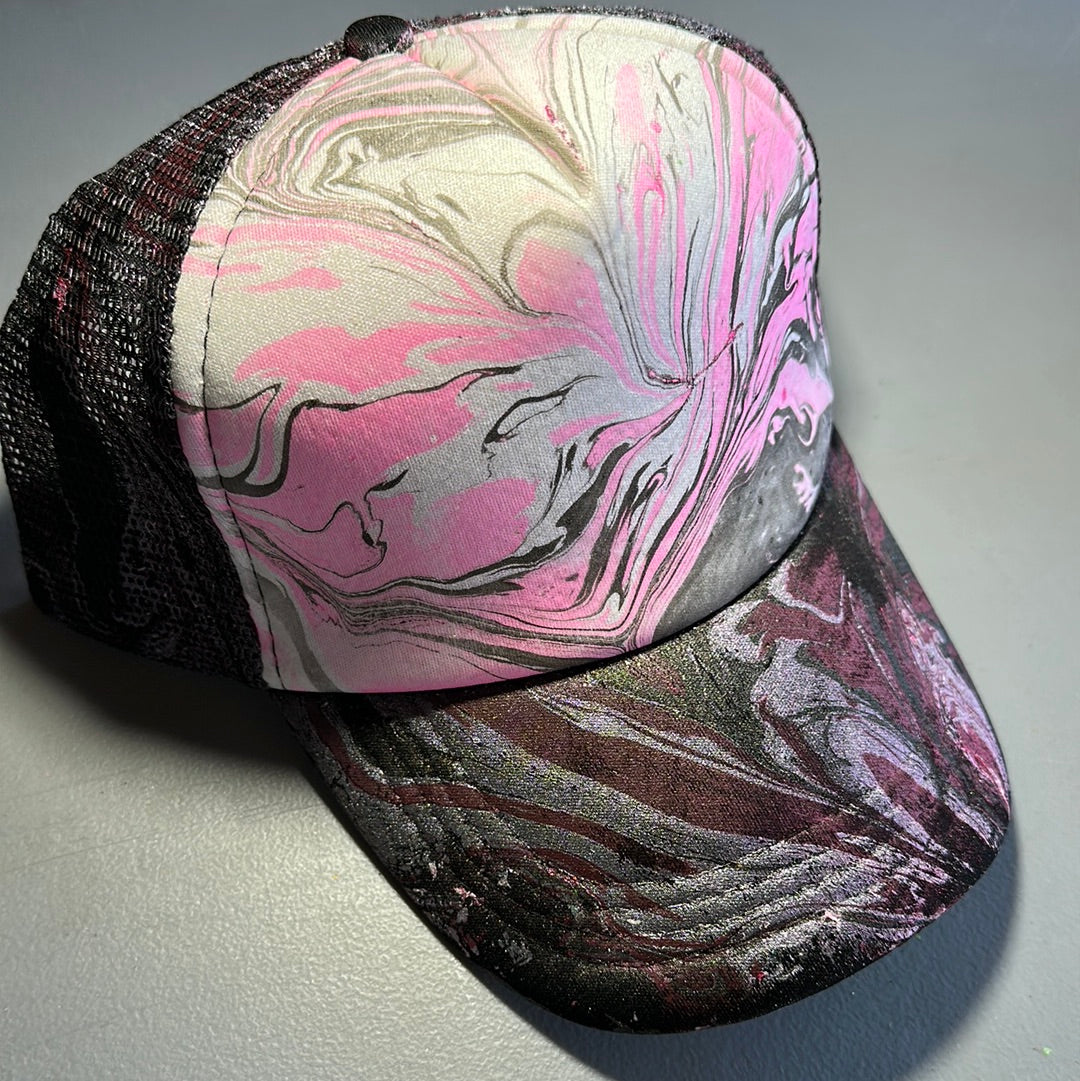 Water Marbled Truckers Hat! Hot Pink, White & Black