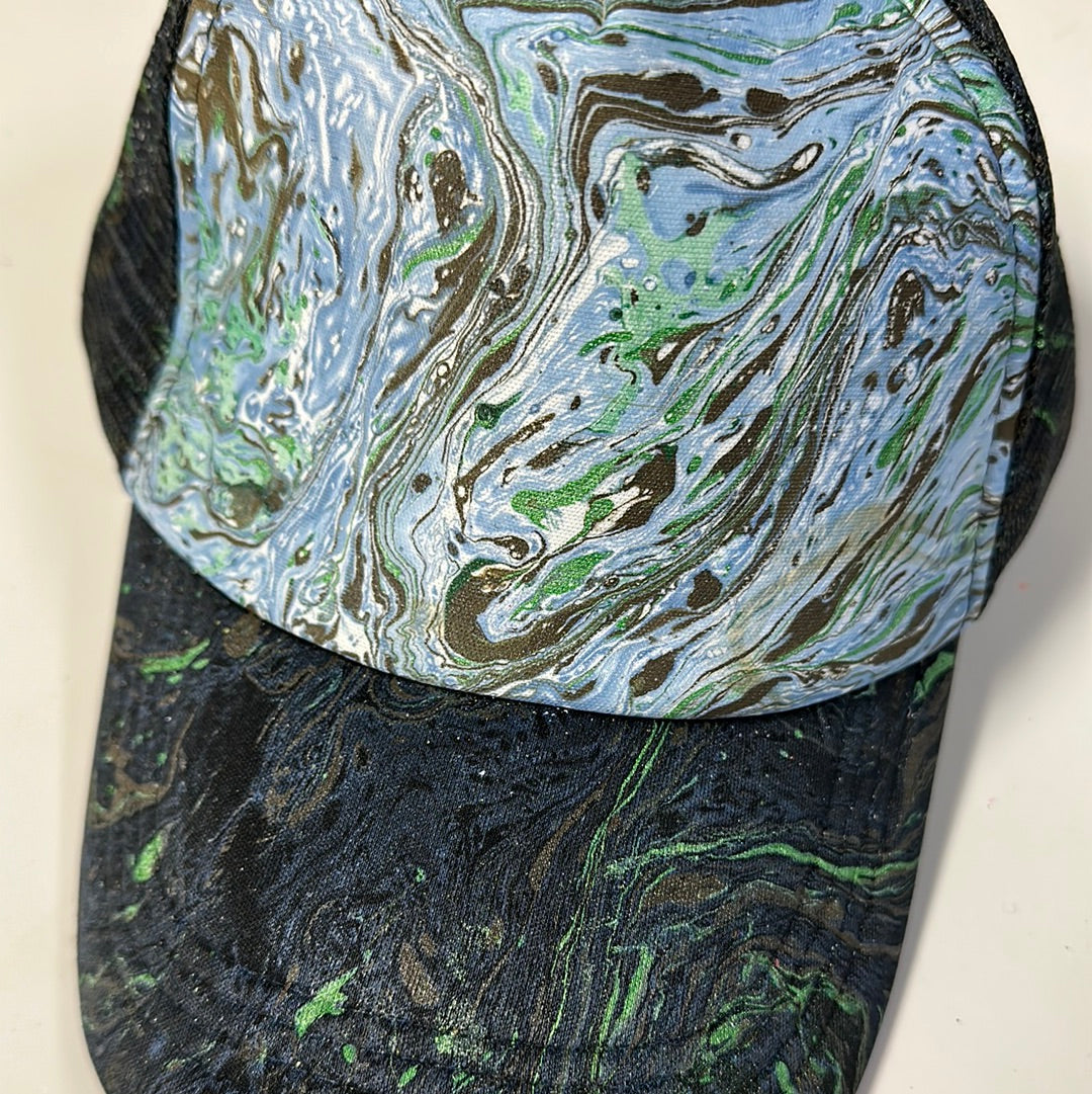 Water Marbled Truckers Hat! Blue, Brown & Green