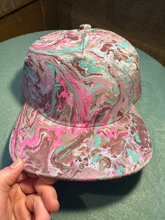 Water Marbled Flat Brim Hat! Pinks, Aqua & Gray!