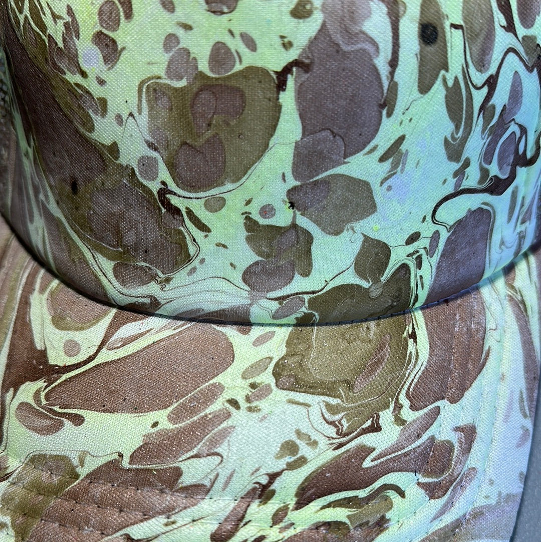 Water Marbled Truckers Hat! Tan, Olive & Lime