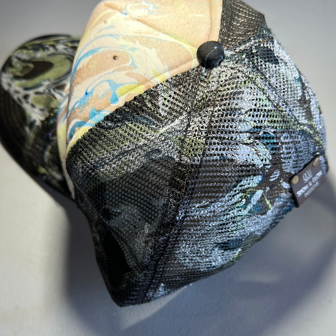 Water Marbled Truckers Hat! Brown, Blue & Lime!