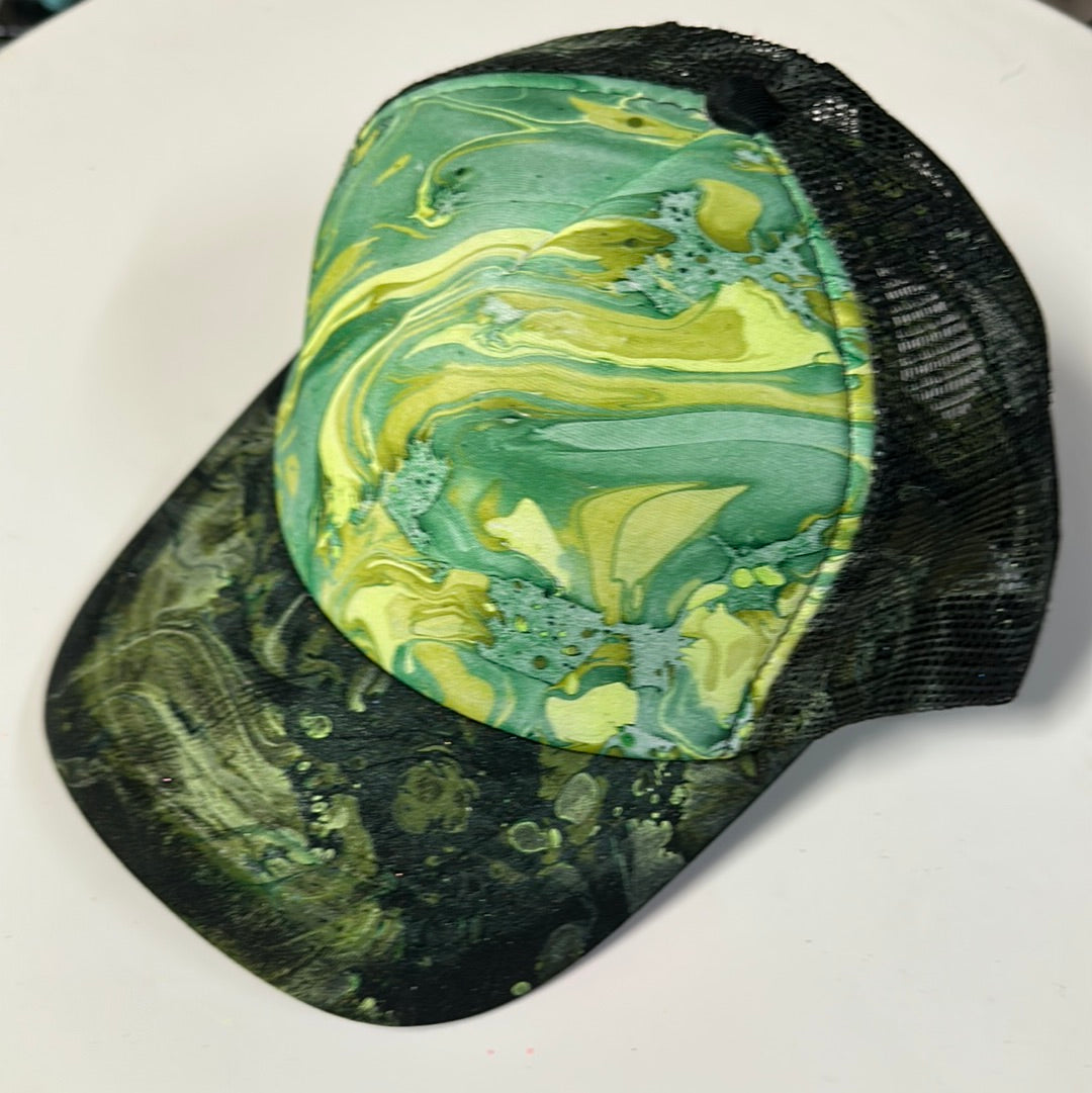 Water Marbled Truckers Hat! Black & Greens