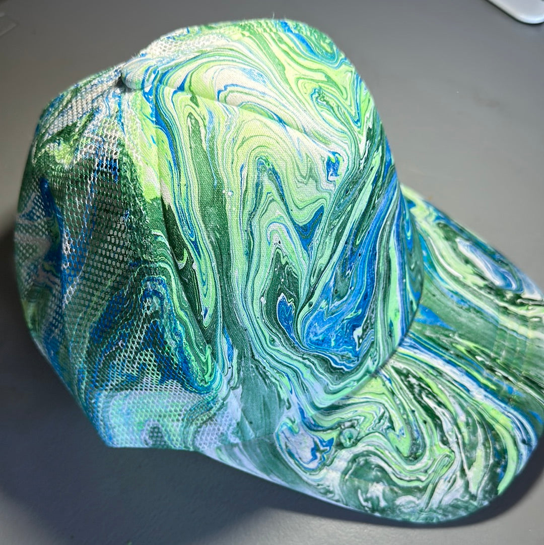 Water Marbled Truckers Hat! Blues & Greens!