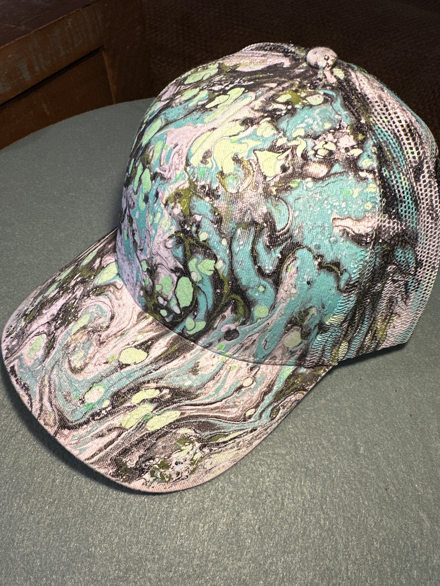 Water Marbled Truckers Hat! Light Green, Aqua, Black & Olive