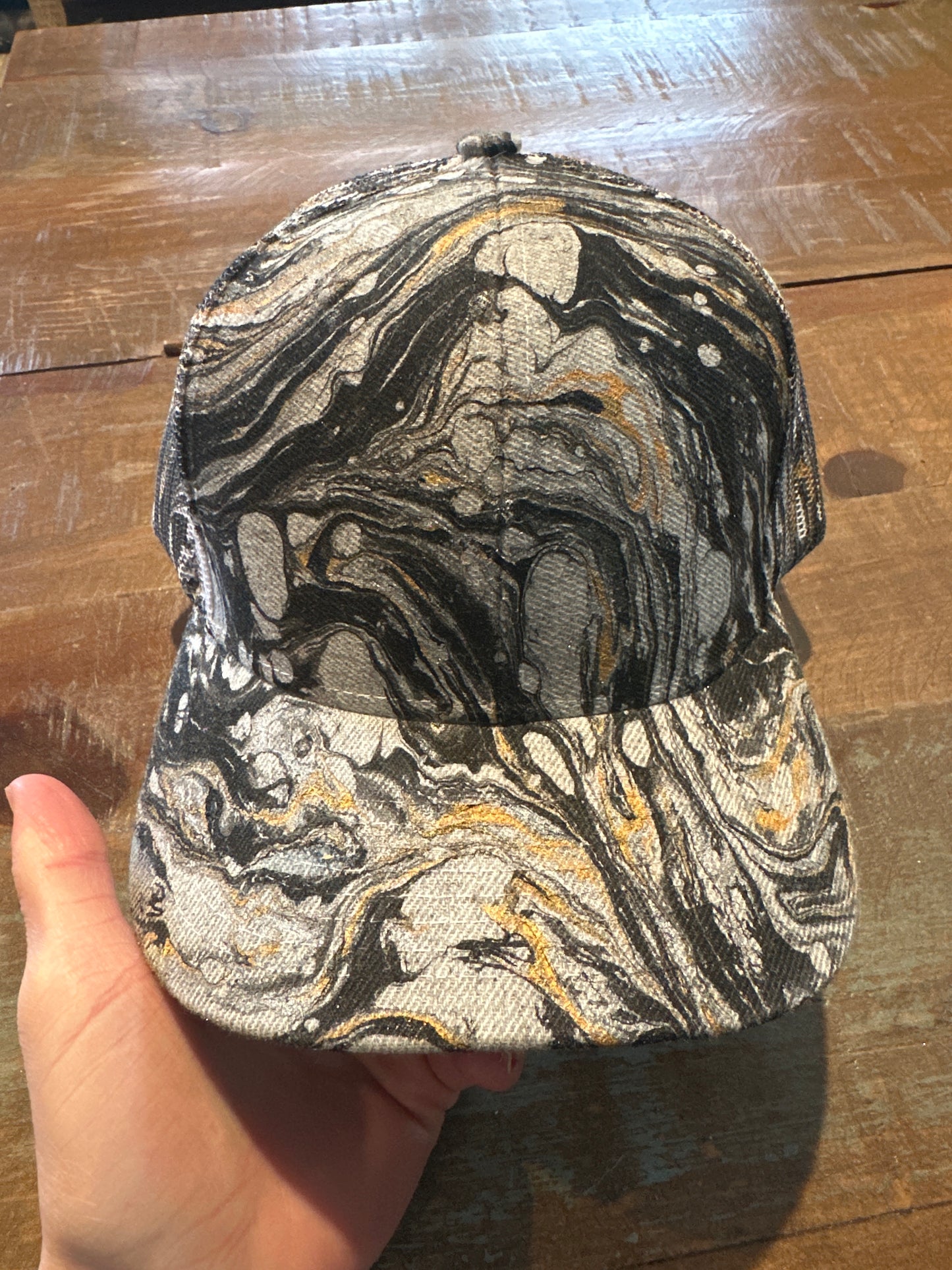 Water Marbled Truckers Hat! Gray, Gold, Black & Charcoal