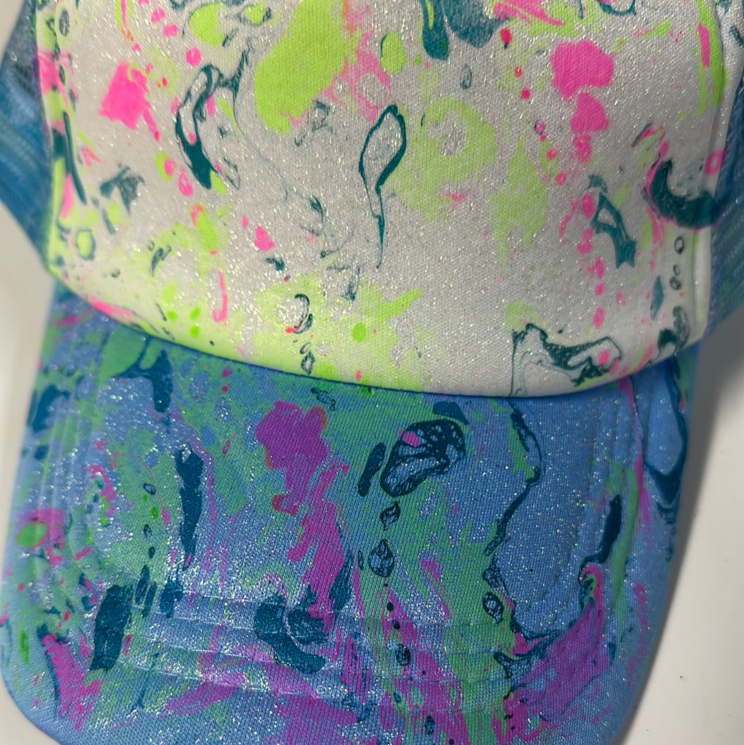 Water Marbled Truckers Hat! Blue, Neon Green, Pink & Iridescent White